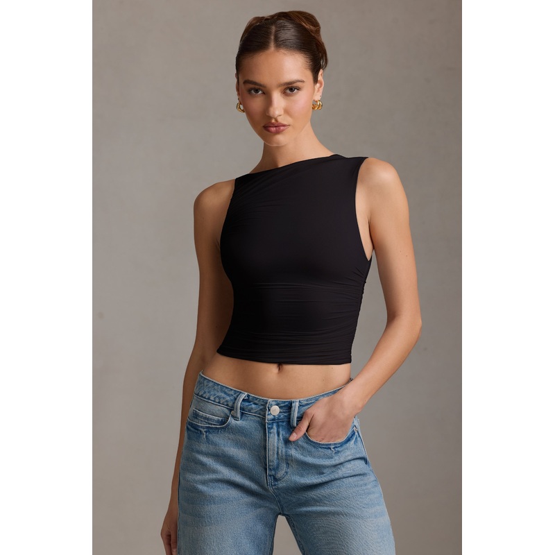 Asymmetric Ruched Tank Top in Black