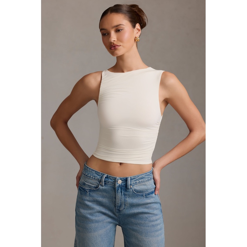 Asymmetric Ruched Tank Top in Vanilla