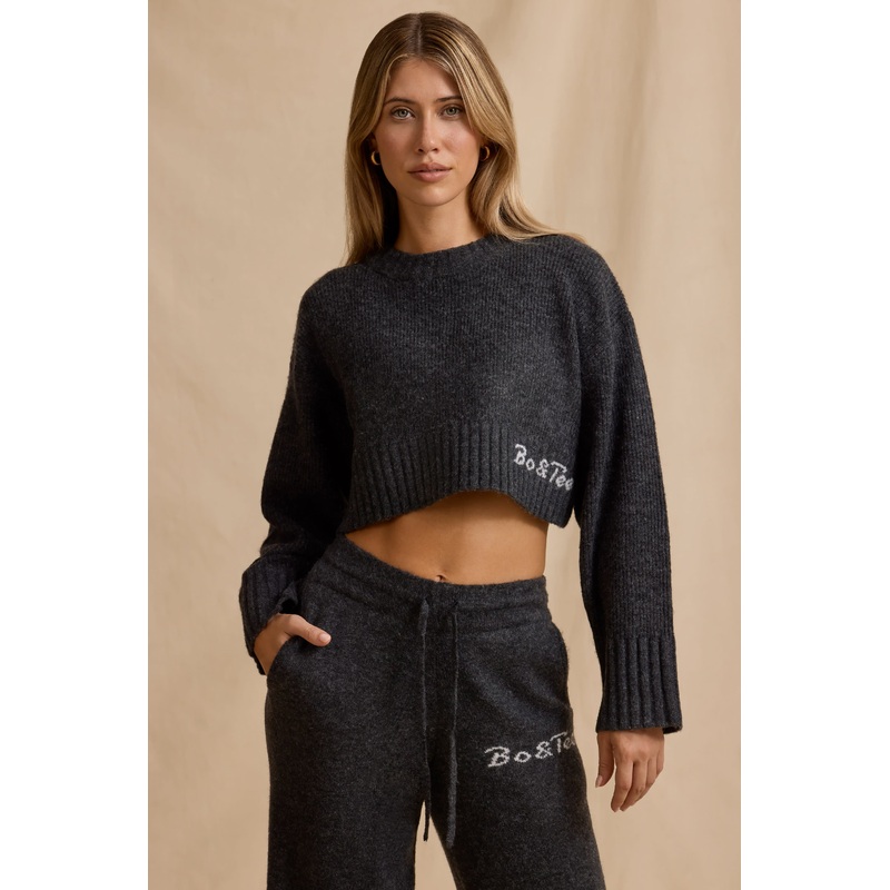 Cropped Knit Jumper in Charcoal Marl