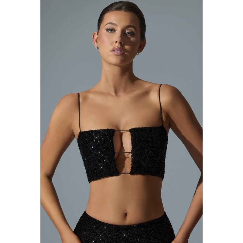 Embellished Cut-Out Crop Top in Black