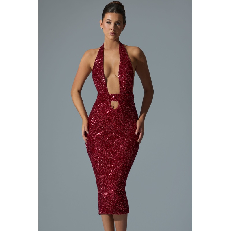 Embellished Cut-Out Open-Back Midaxi Dress in Red