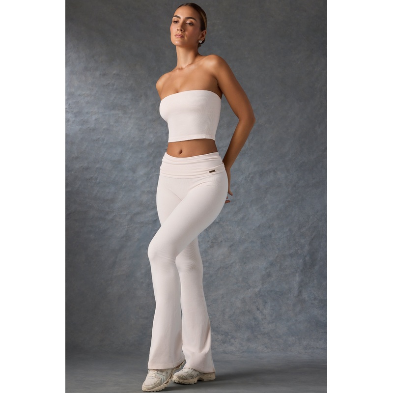 Foldover Flared Trousers in Washed Cream