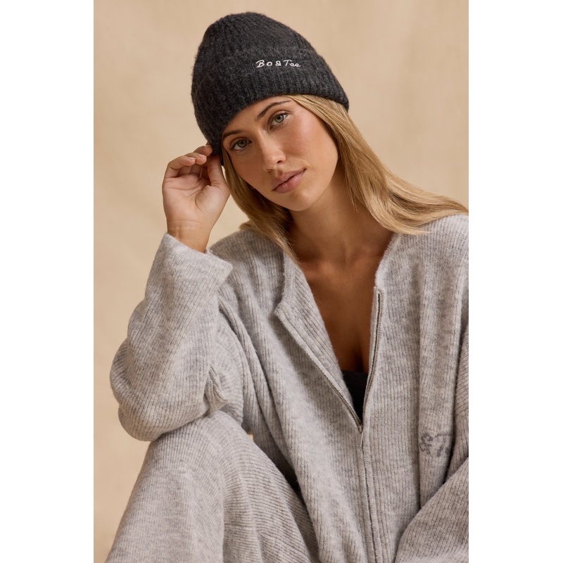 Knit Beanie Hat in Charcoal Marl