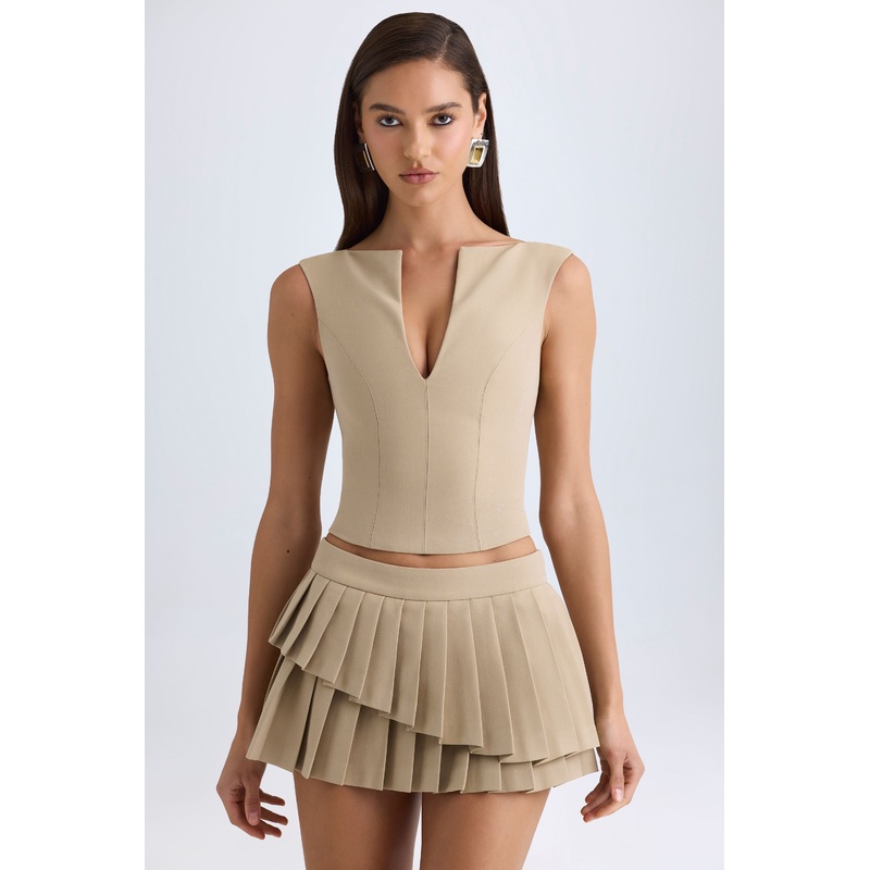 Layered Pleated Low-Rise Mini Skirt in Camel