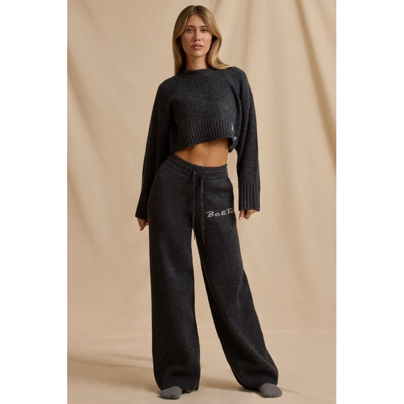 Mid-Rise Wide-Leg Joggers in Charcoal Marl