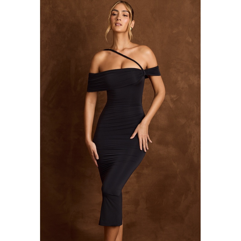 Off-Shoulder Draped Midaxi Dress in Black