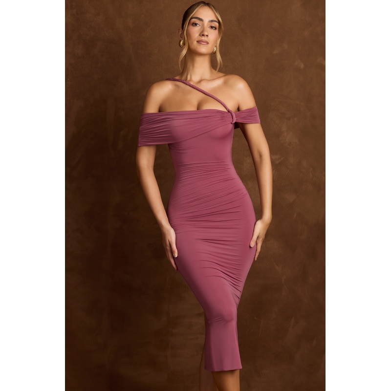 Off-Shoulder Draped Midaxi Dress in Dark Rose