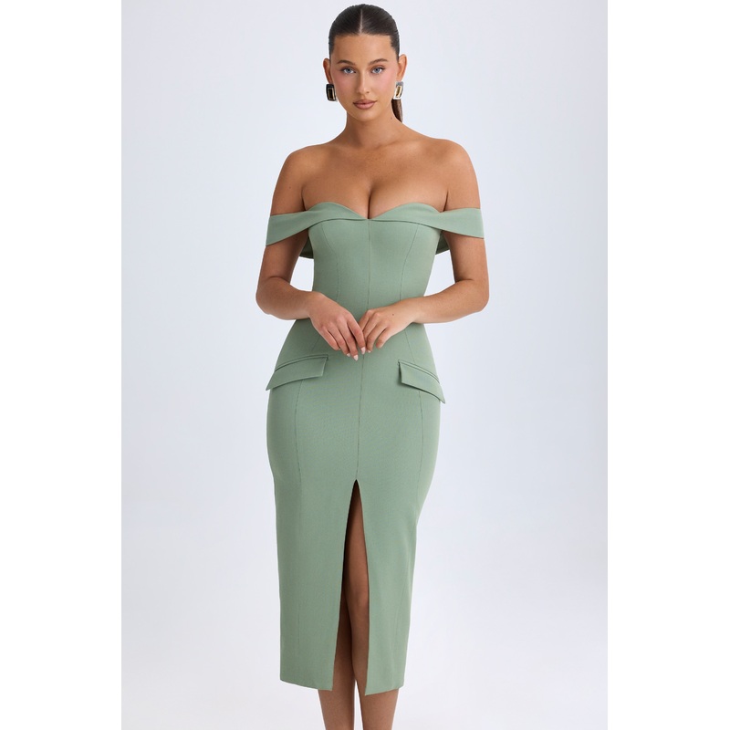 Off-Shoulder Midaxi Dress in Khaki Green