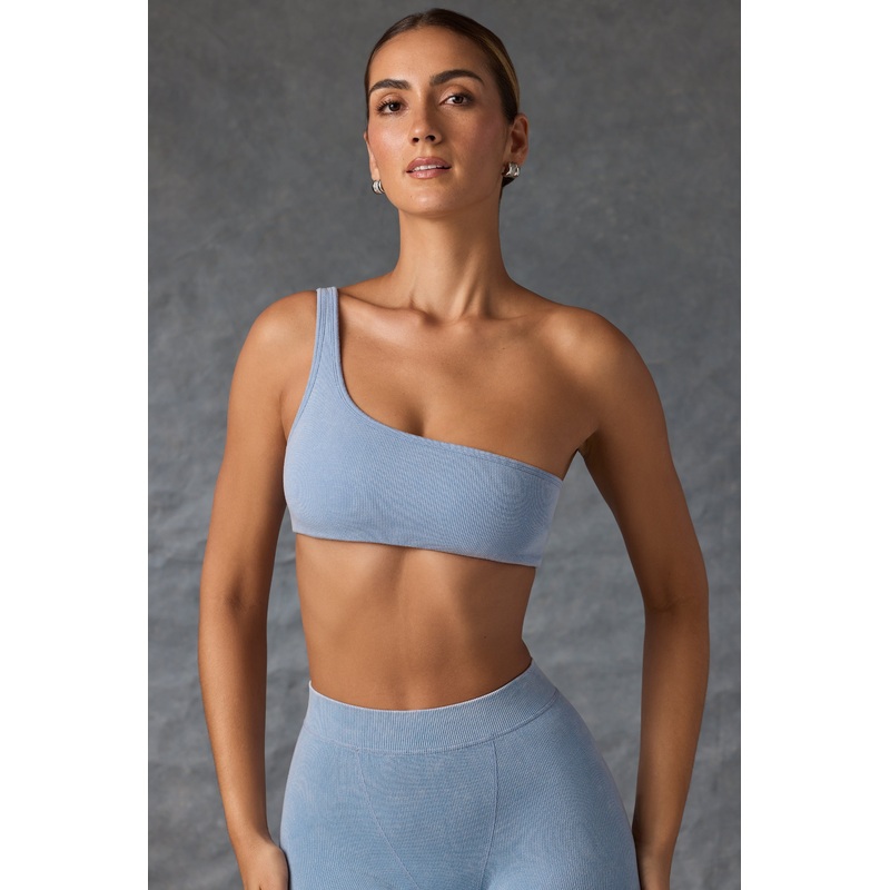 One-Shoulder Sports Bra in Washed Blue