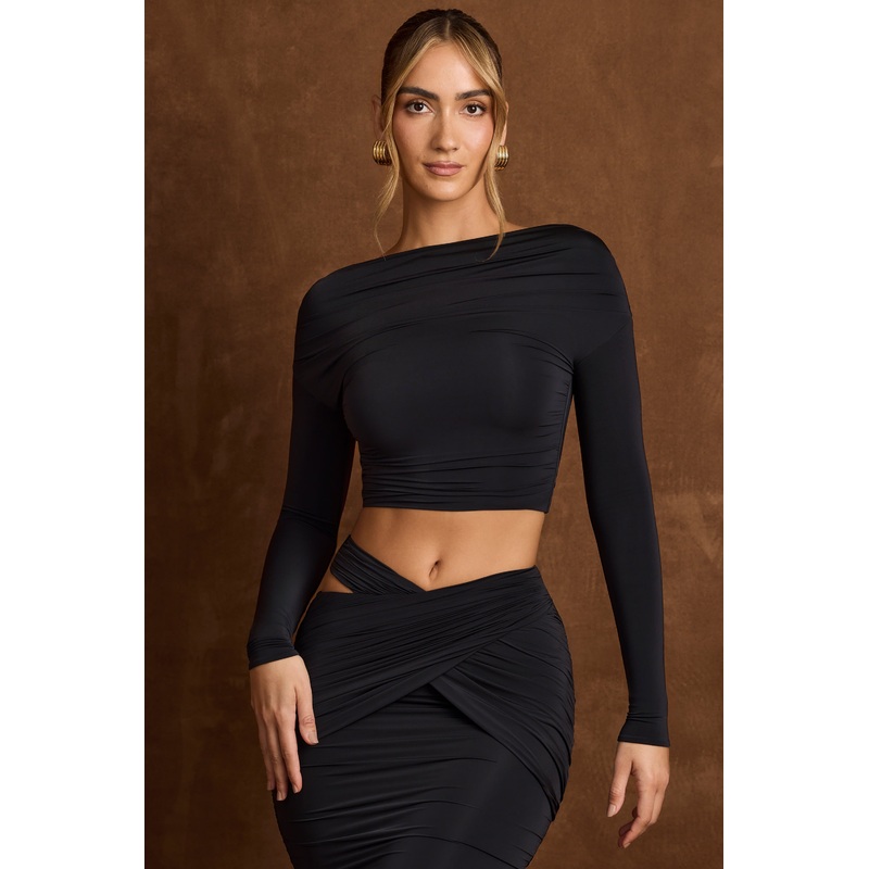 Open-Back Draped Crop Top in Black