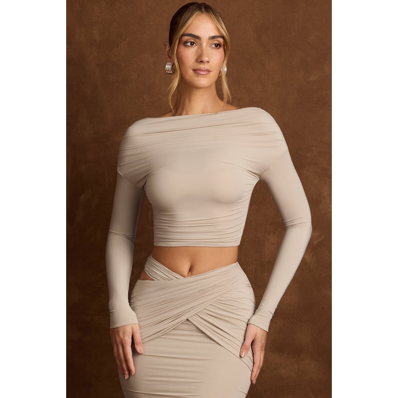 Open-Back Draped Crop Top in Light Grey