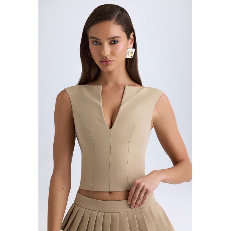 Open-Front Crop Top in Camel