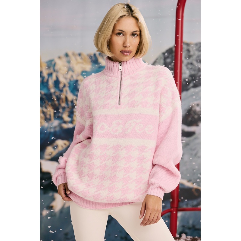 Oversized Half-Zip Chunky-Knit Jumper in Pastel Pink