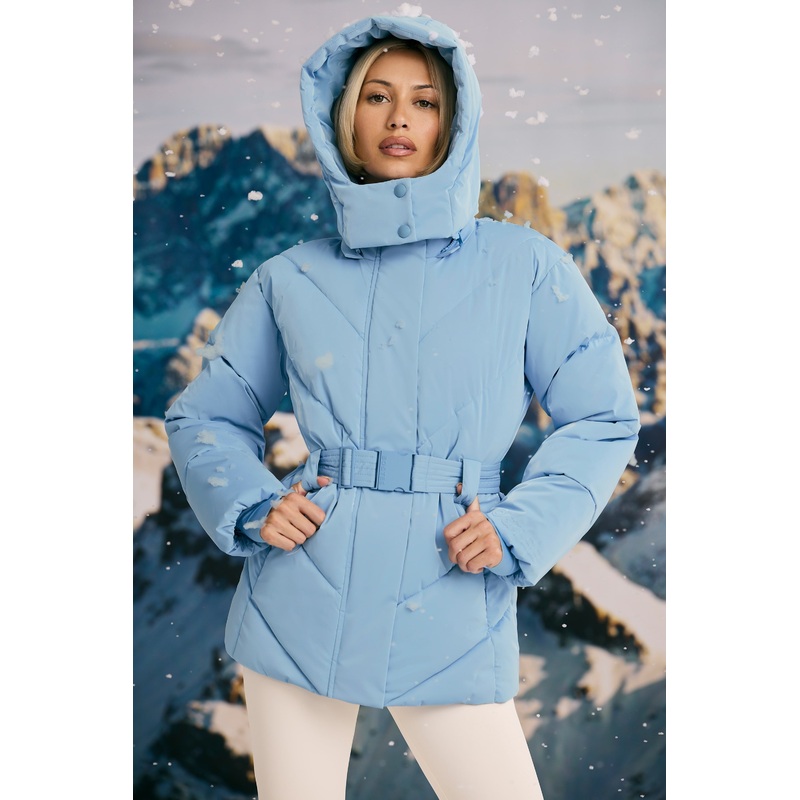 Oversized Quilted Hooded Ski Jacket in Ice Blue