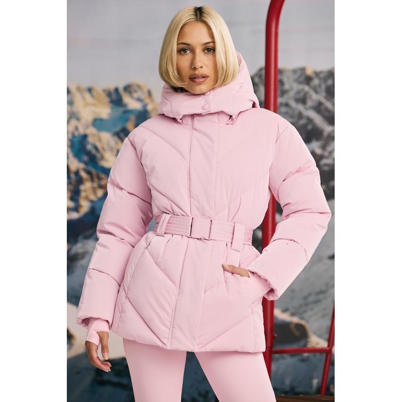 Oversized Quilted Hooded Ski Jacket in Pastel Pink