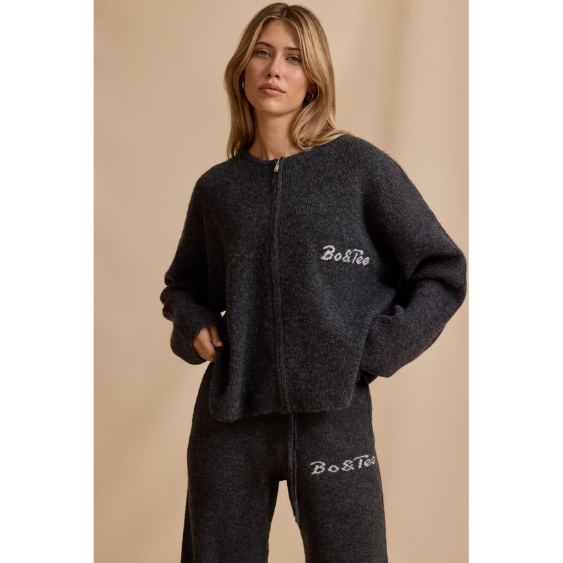 Oversized Zip-Up Cardigan in Charcoal Marl