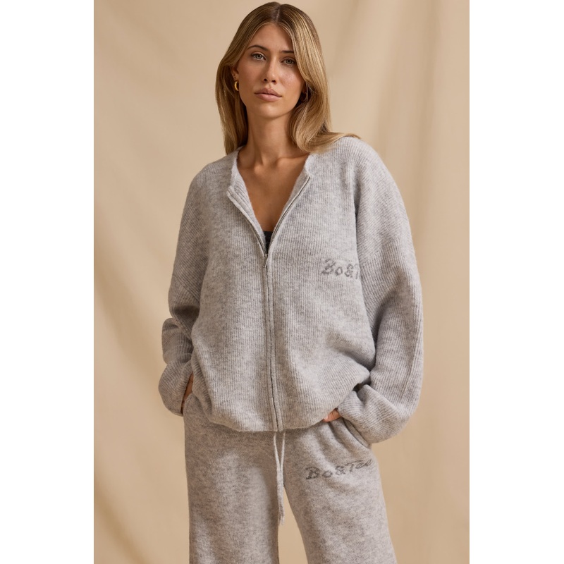 Oversized Zip-Up Cardigan in Ice Marl