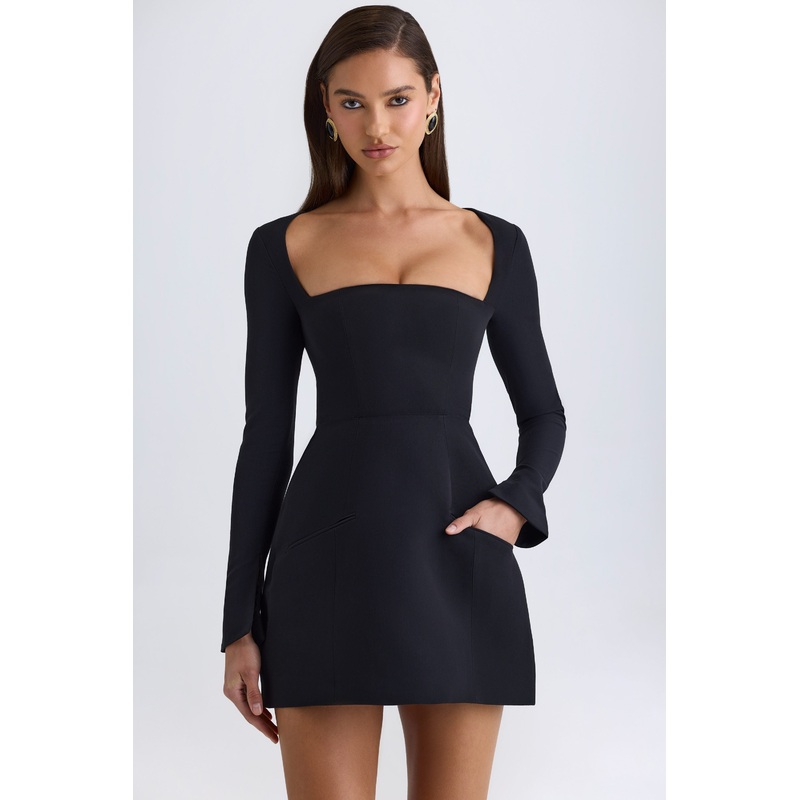 Square-Neck Structured Tulip Mini Dress in Black