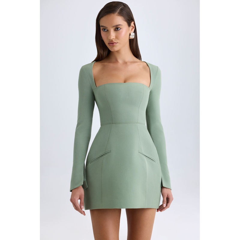 Square-Neck Structured Tulip Mini Dress in Khaki Green