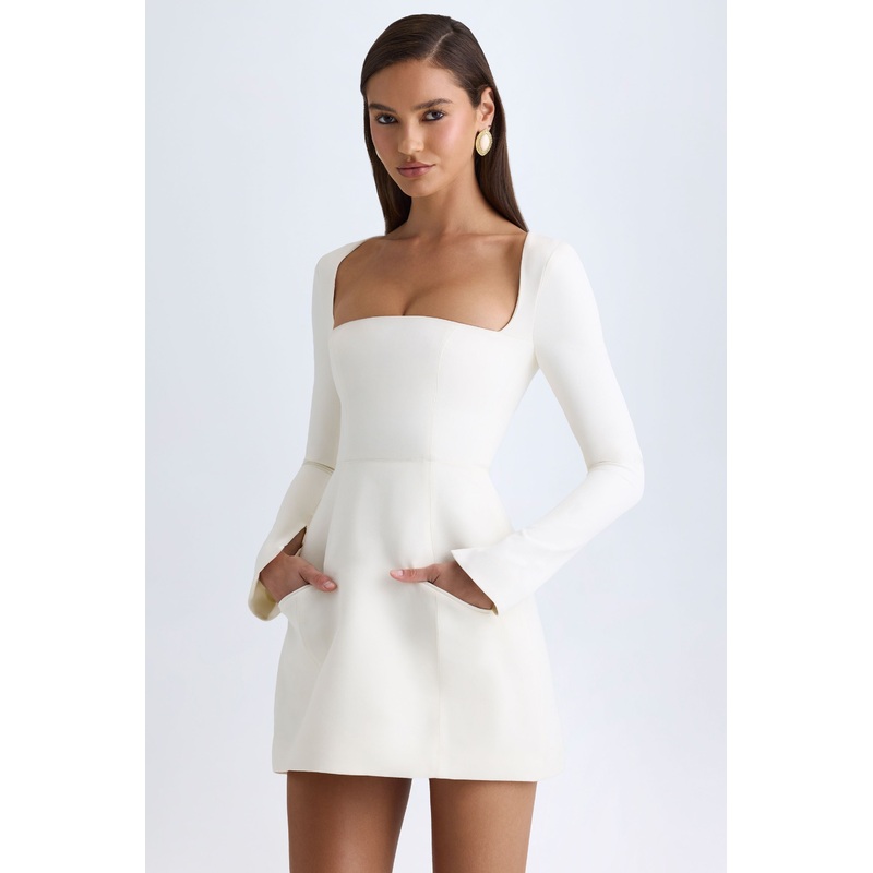 Square-Neck Structured Tulip Mini Dress in Vanilla
