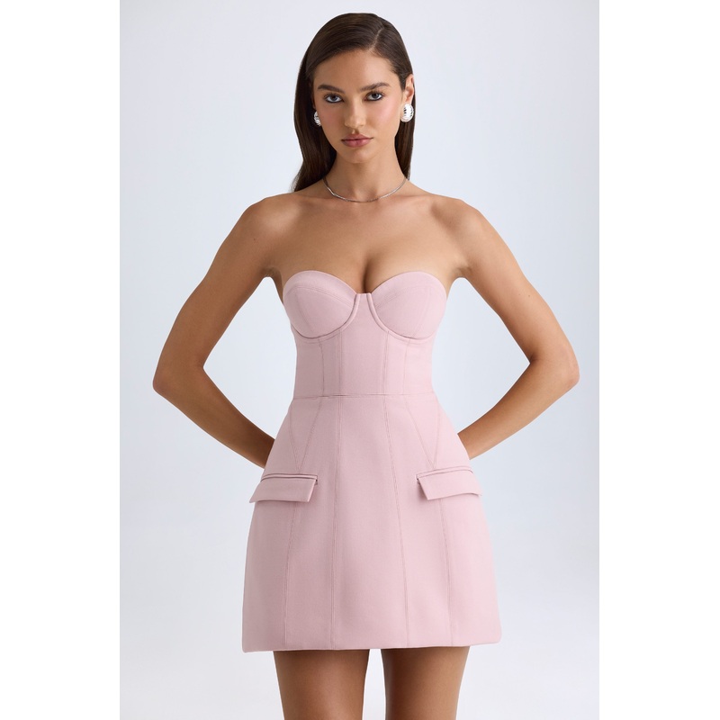 Strapless Structured Tulip Mini Dress in Pink Mauve