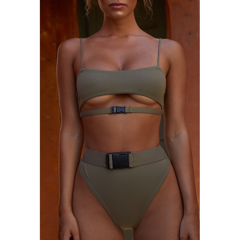 Belt My Heart Underbust Strappy Bikini Top in Khaki