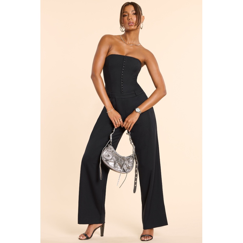 Brushed Twill Bandeau Corset Jumpsuit in Black