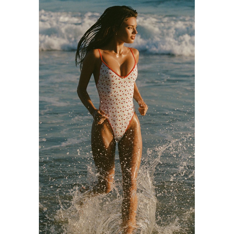 Charm-Detail Cross-Back Swimsuit in Cherry Print