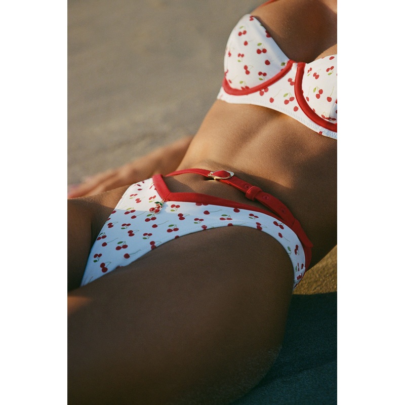 Contrast Belted Thong Bikini Bottoms in Cherry Print