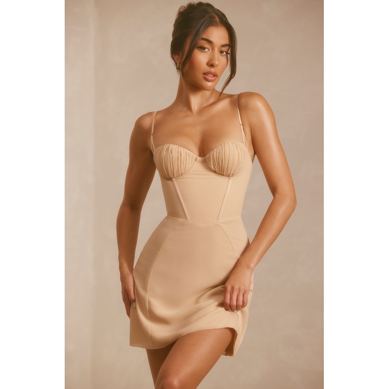 Georgette A-Line Corset Mini Dress in Tan