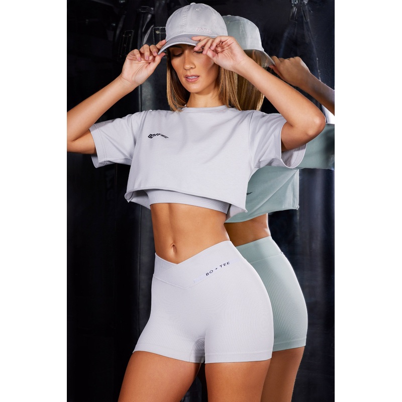 High Waist Cross Over Ribbed Mini Shorts in Grey
