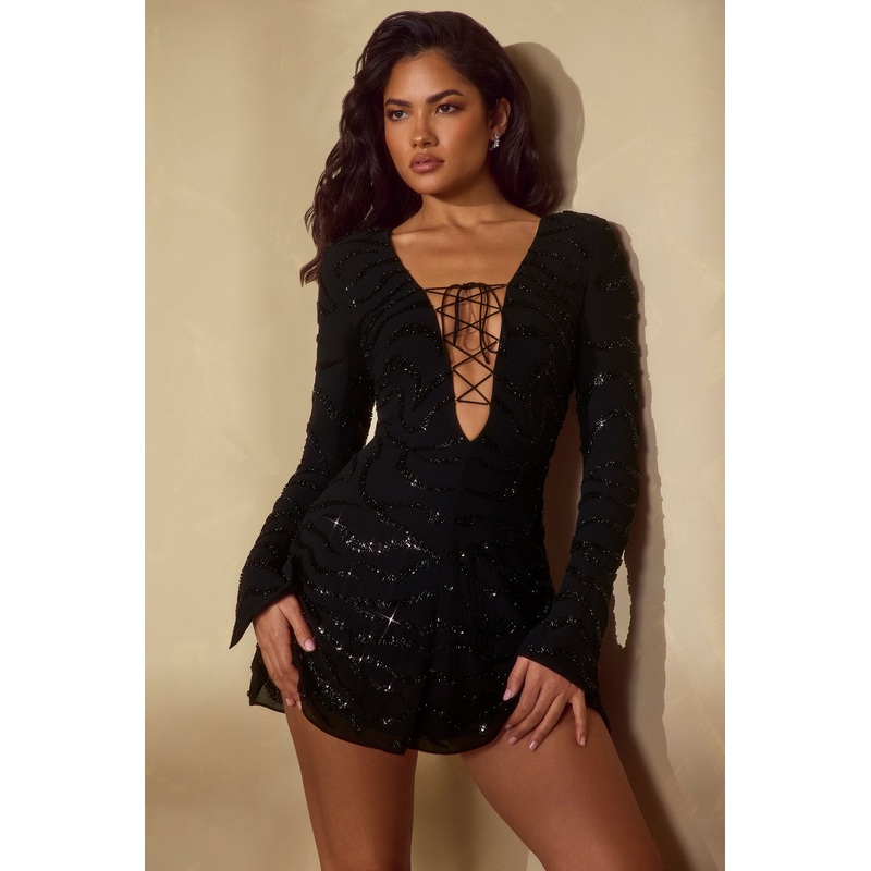 Long Sleeve Lace Up Mini Dress in Black