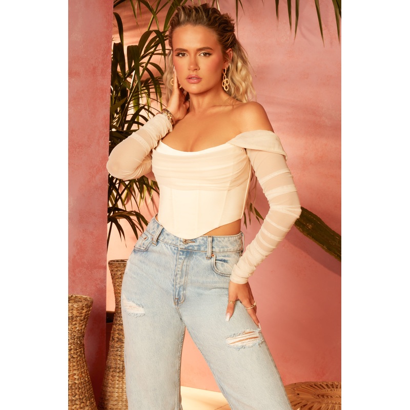 Mesh Bardot Crop Top in Sand