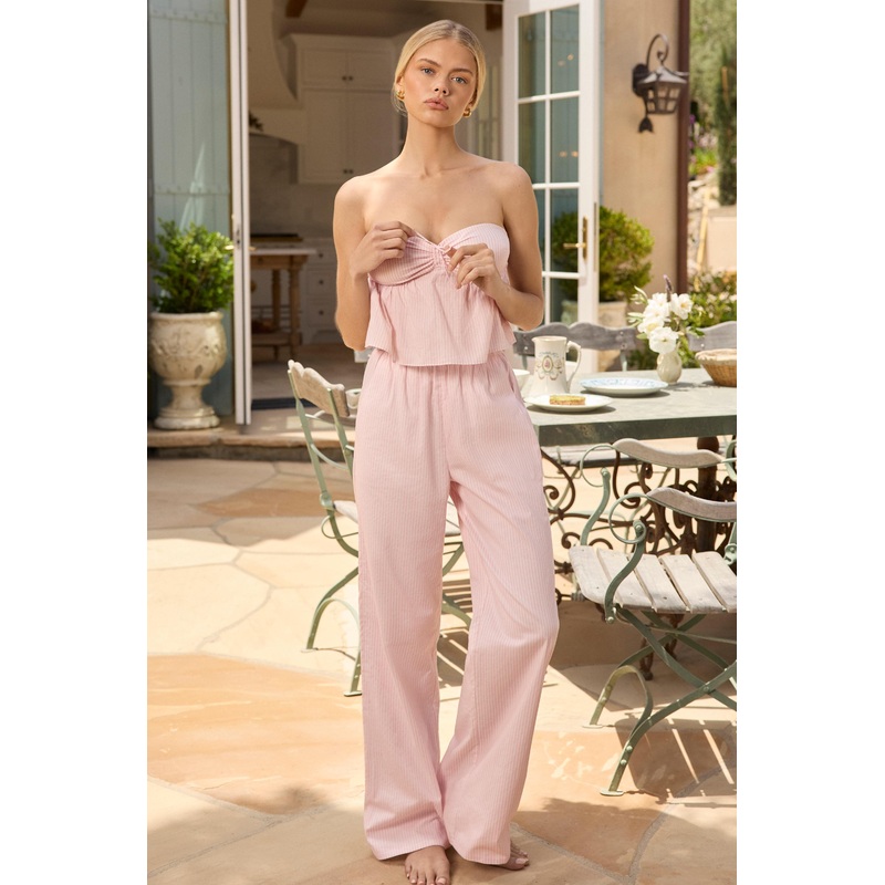 Mid-Rise Wide-Leg Trousers in Pink & White Stripe