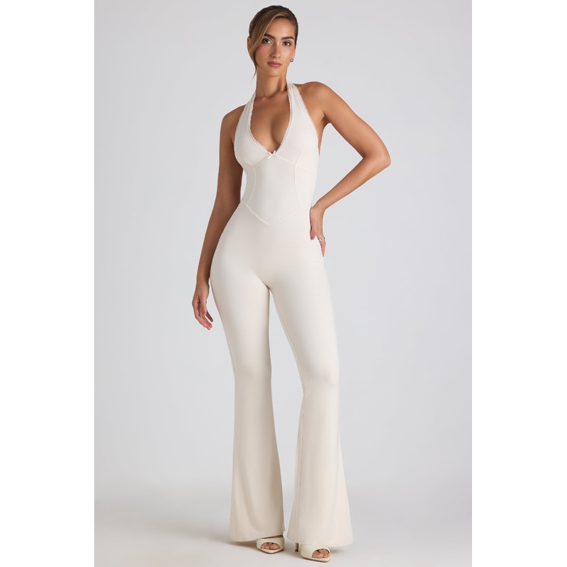 Modal Lace-Trim Cut-Out Flared Jumpsuit in Ivory