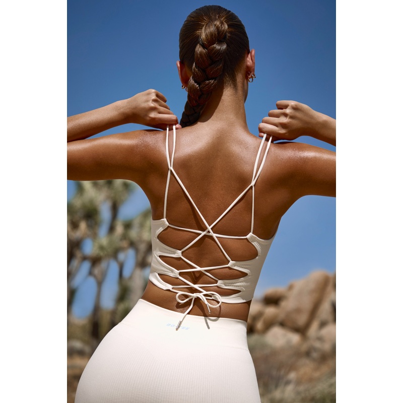 Plunge Neck Open Back FlexiRib Sports Bra in Bone