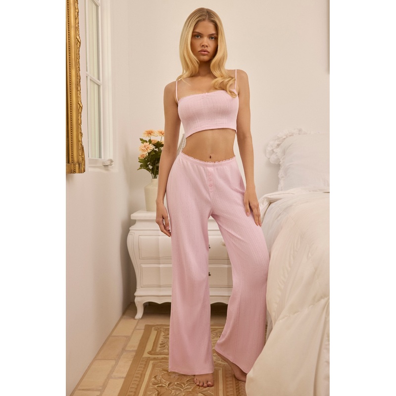 Pointelle Mid-Rise Straight-Leg Trousers in Baby Pink
