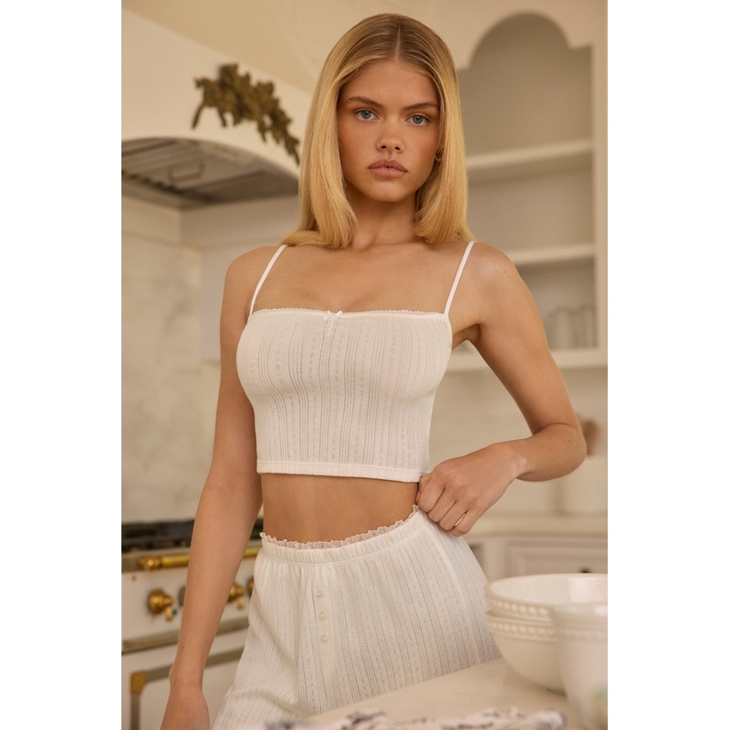 Pointelle Ruched Camisole Crop Top in White