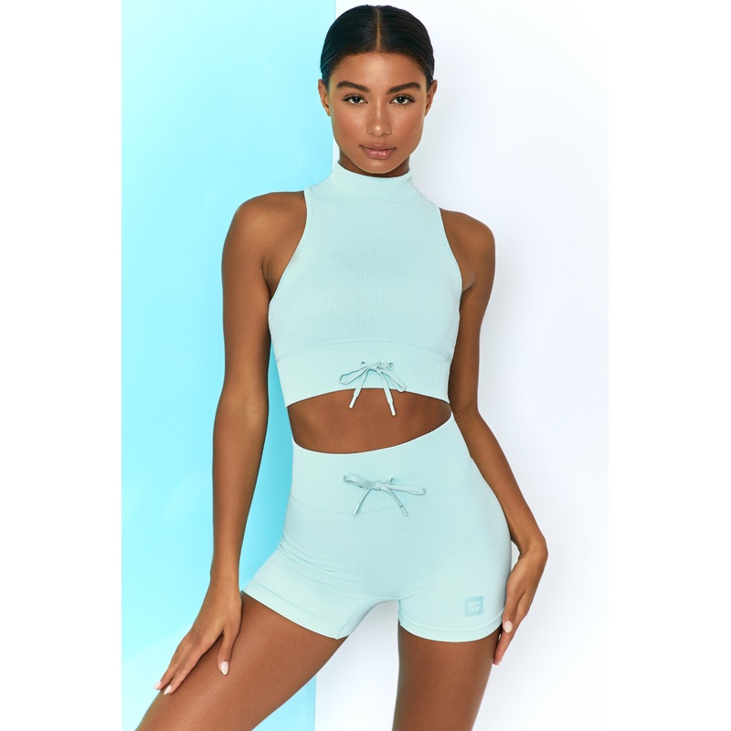 Ribbed Tie Front Mini Shorts in Light Blue