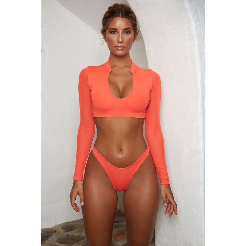 Set Me V Long Sleeved Plunging Mesh Bikini Top in Orange