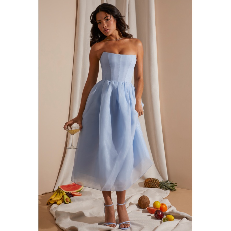Strapless Corset Tulle Midi Dress in Blue