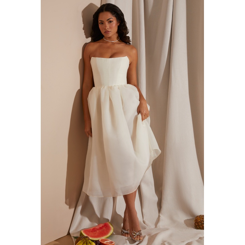 Strapless Corset Tulle Midi Dress in White