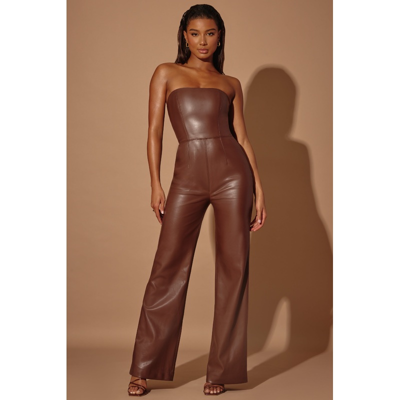 Strapless Wide Leg Vegan Leather Jumpsuit in Brown